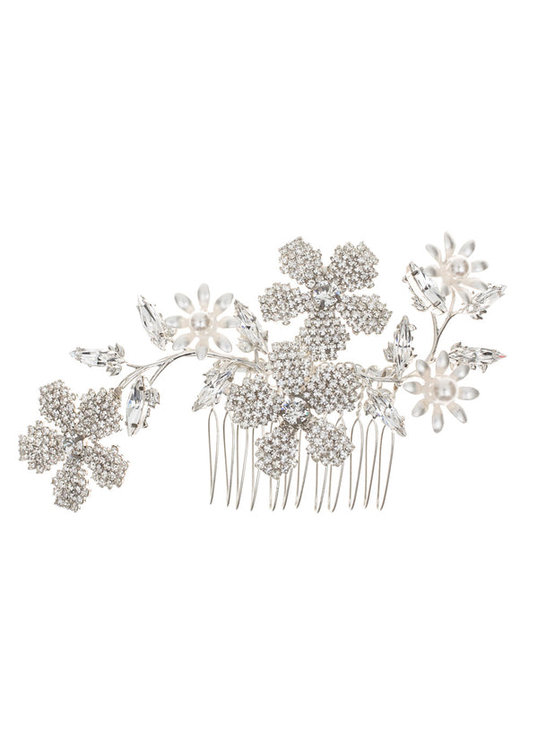Crystal floral wedding hair comb on a white background