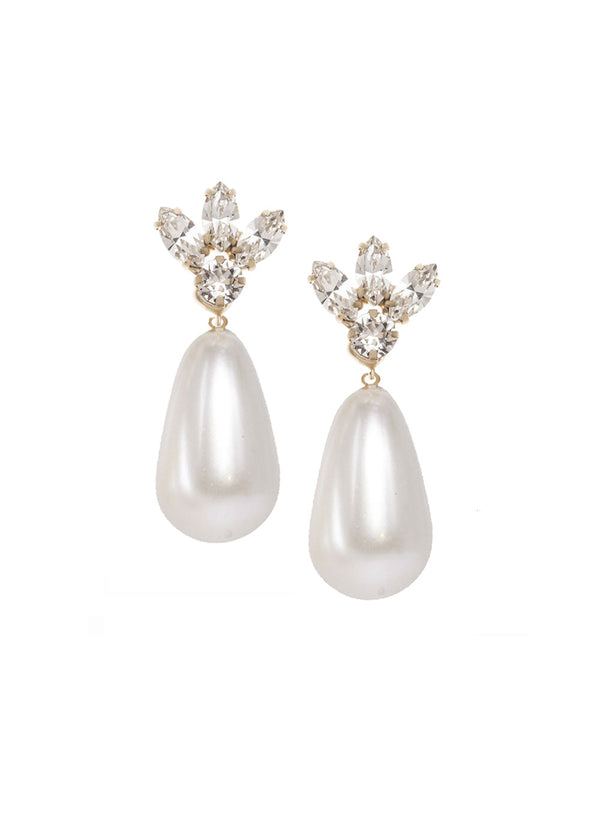 A pair of matte gold plated crystal topped pearl earrings on a white background