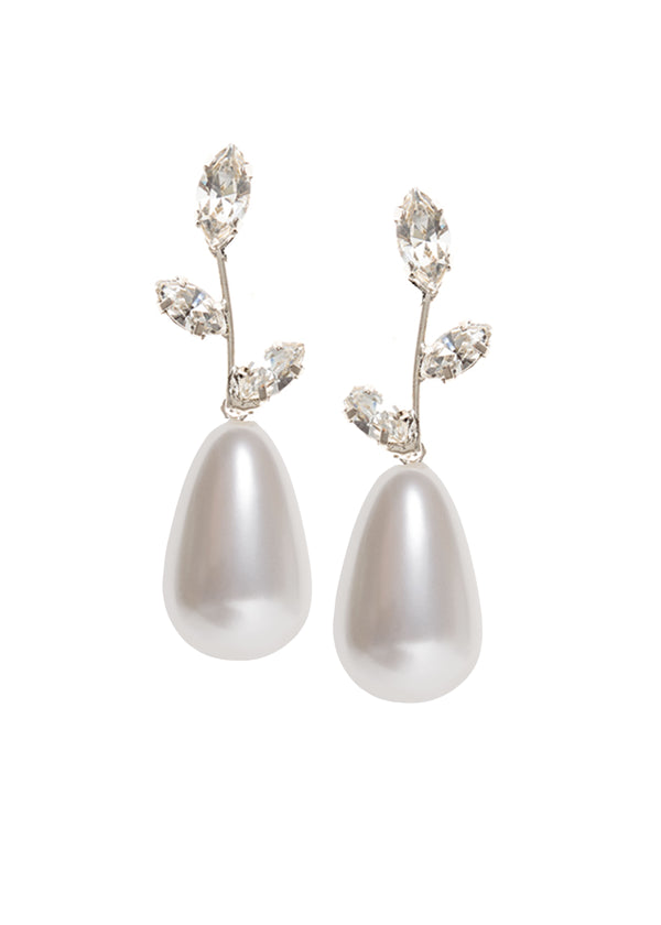 A pair of crystal and pearl drop earrings on a white background