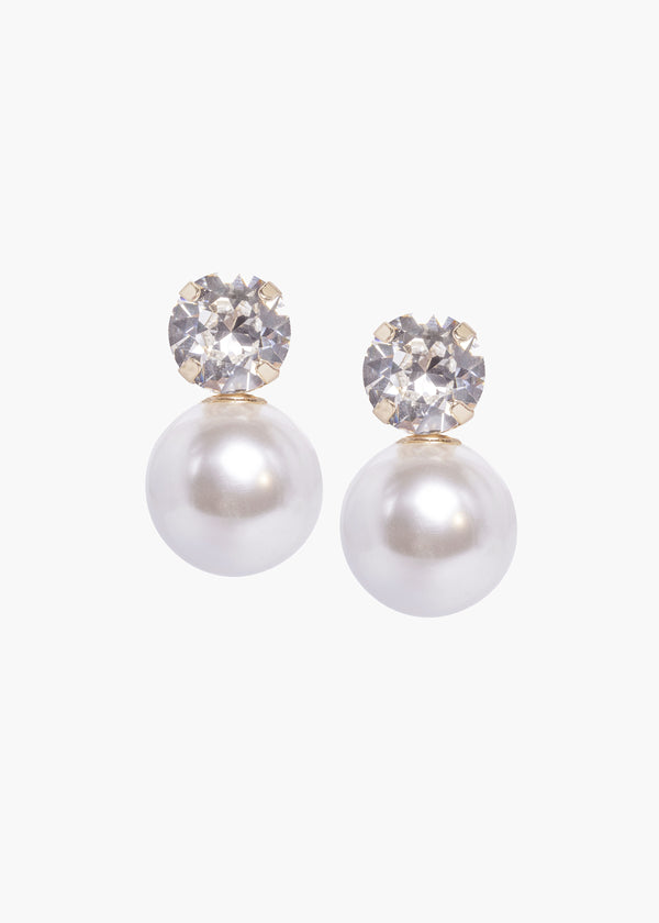 Pair of pearl earrings with crystal tops on a white background