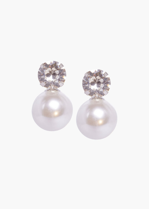 Pair of pearl earrings with crystal accents on a white background
