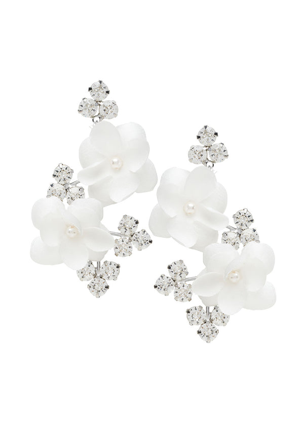 Floral crystal chandelier earring with silk flowers on white background 