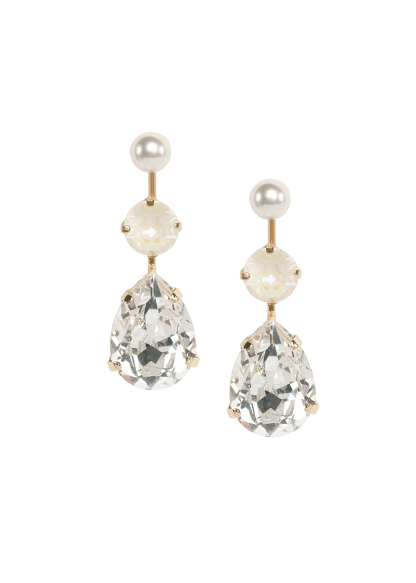 linear teardrop gold earring with crystals and pearl accents on white background