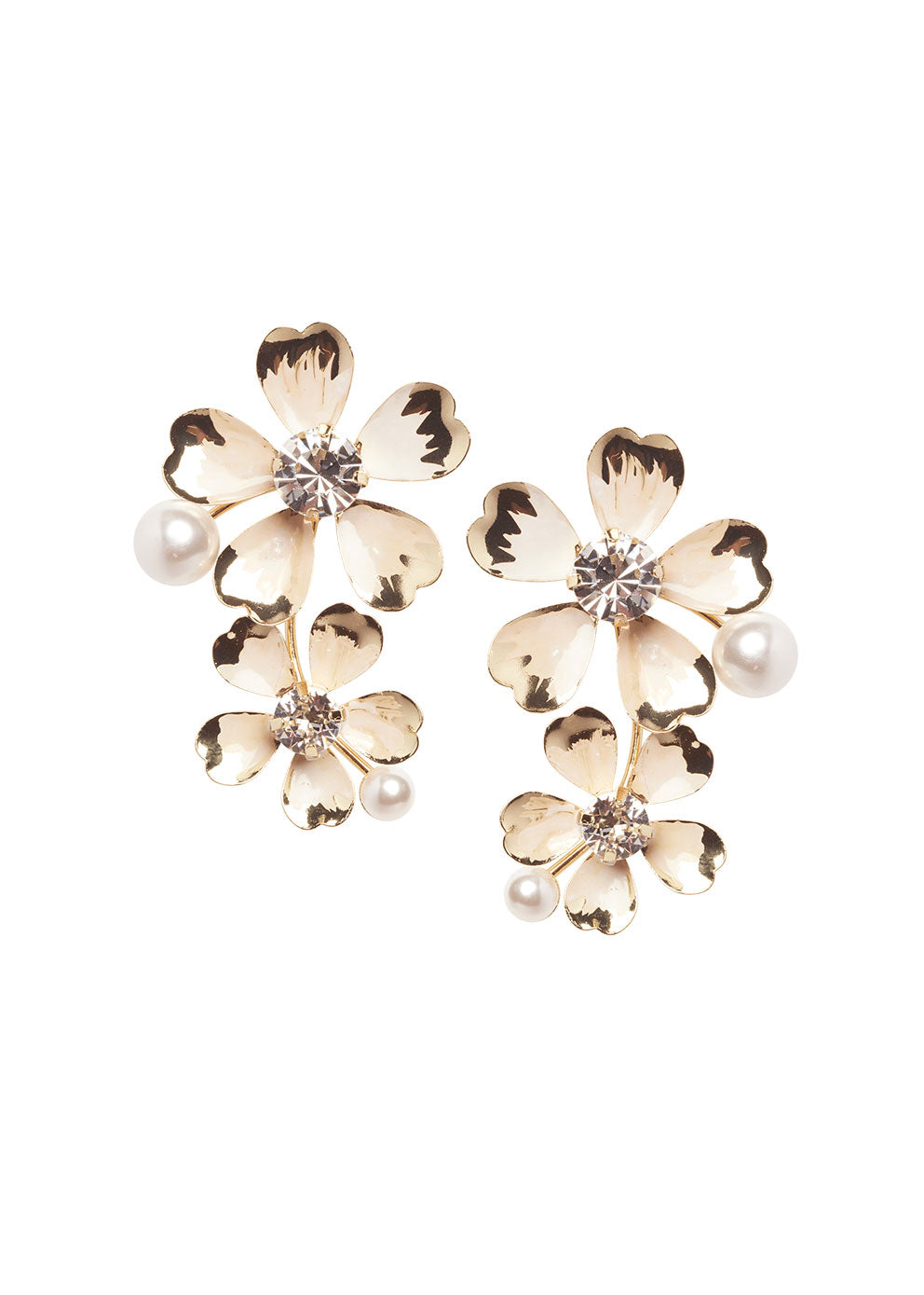 Double flower earring with pearls in gold on white background 