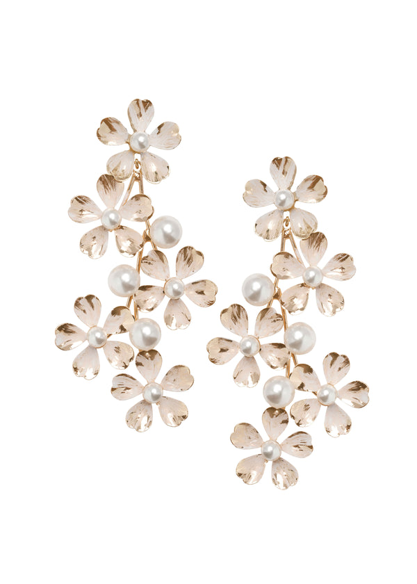 hand gold painted floral chandelier earring  with pearl accents