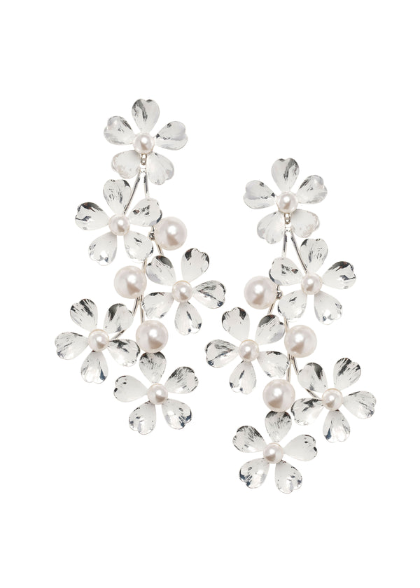hand silver painted floral chandelier earring  with pearl accents