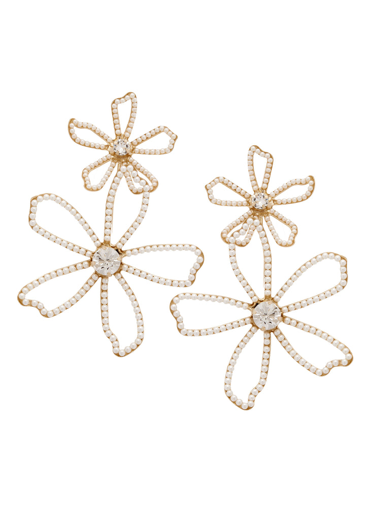 Double flower gold pearl and crystal statement earring on white back ground