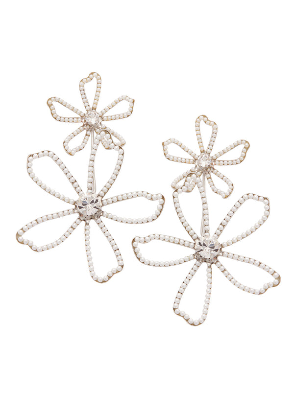 Double flower pearl and crystal statement earring on white back ground
