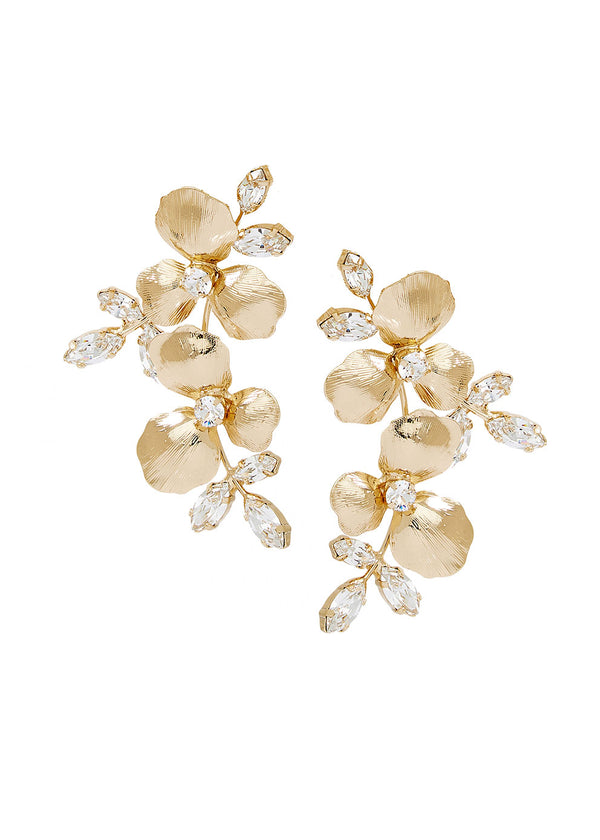 Gold flower and crystal statement earring left right design on white back ground 