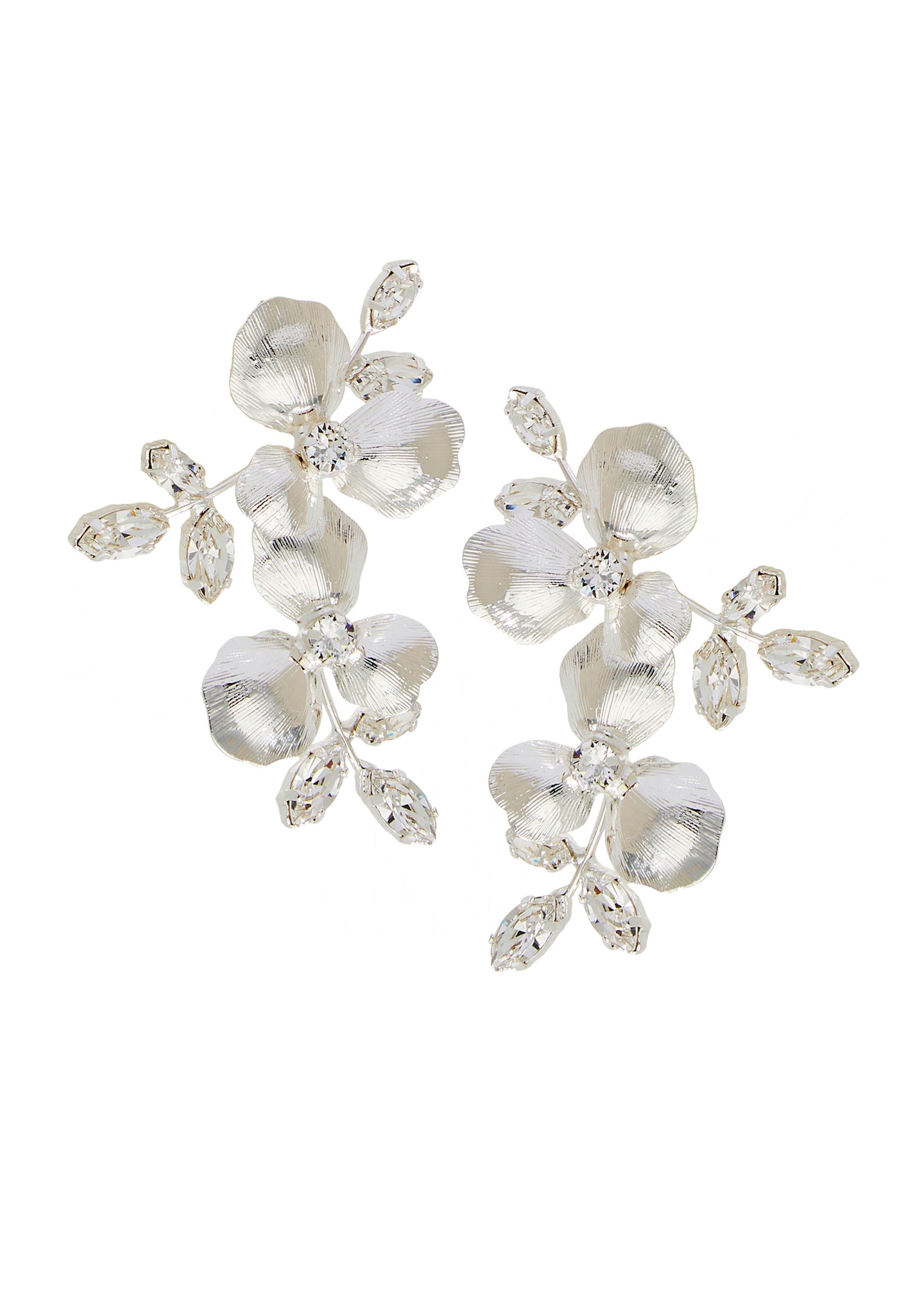 Silver flower and crystal statement earrings left right design on white back ground 