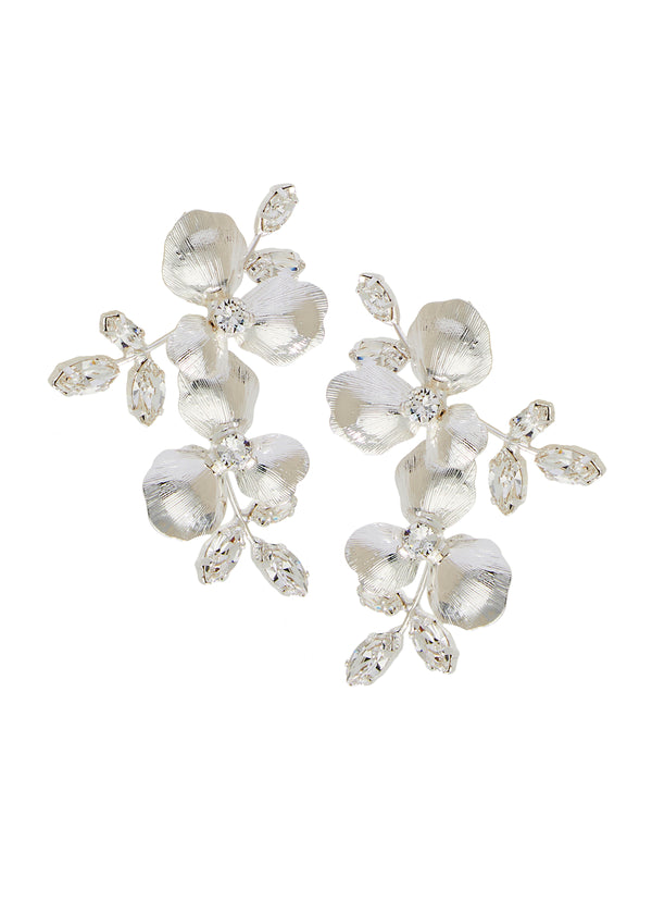 Silver flower and crystal statement earring left right design on white back ground 