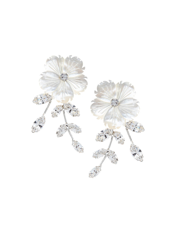 mother of pearl flower and crystal silver earring on white background 