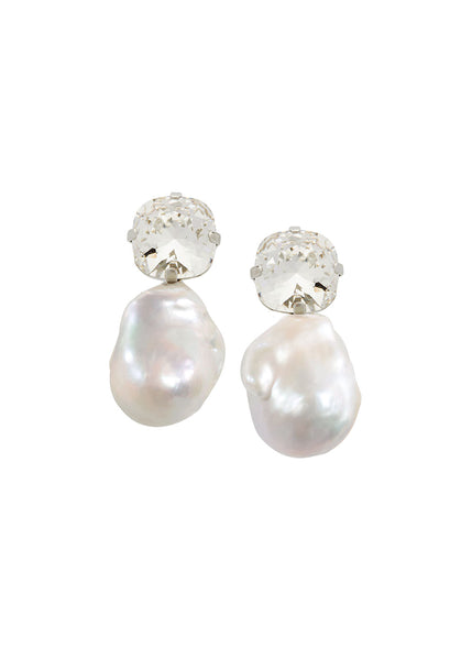 Crystal and baroque pearl stud earring on white background 
