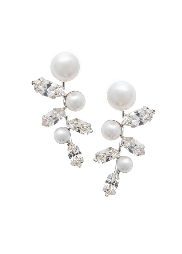 Silver Pearl stud with crystal accents on white background 