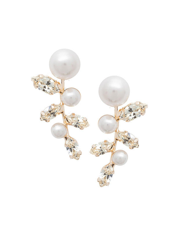 Gold Pearl stud with crystal accents on white background 