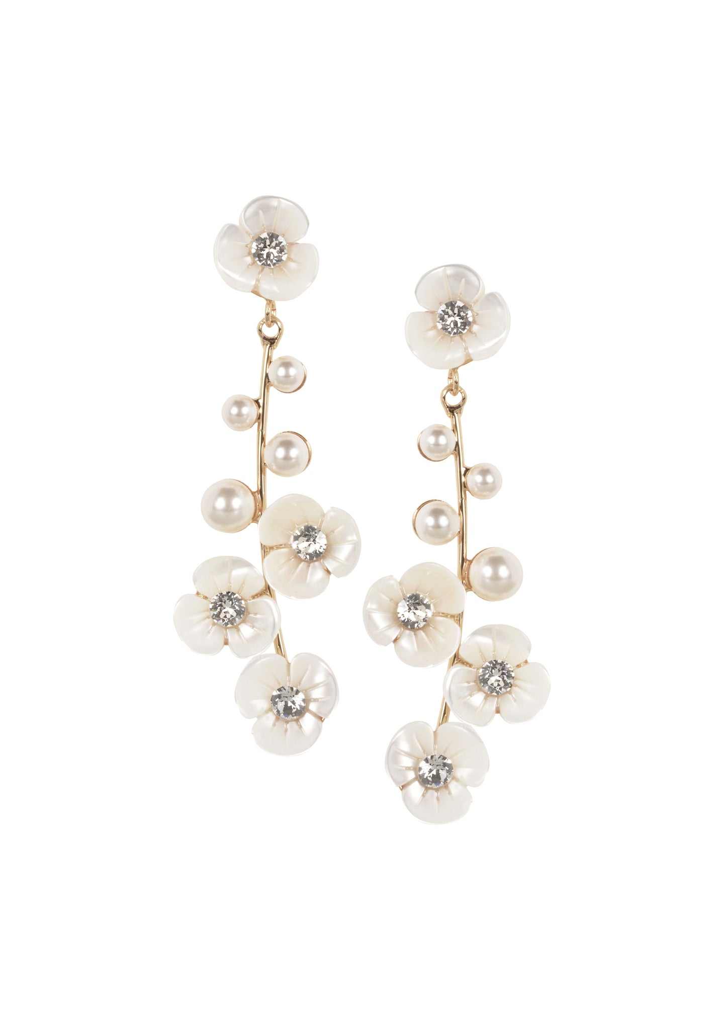 floral mother of pearl and crystal linear drop earring on white background