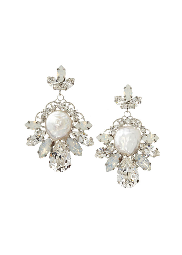 Crystal and pearl shield chandelier earring with coin pearl center on white back ground 