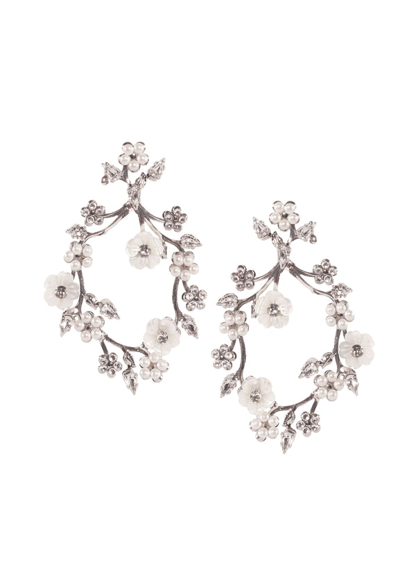 Silver floral hoop earring with mother of pearl flower and crystal accents