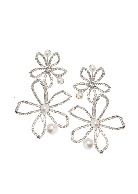 Swarovski crystal and pearl double flower statement earring on white background 