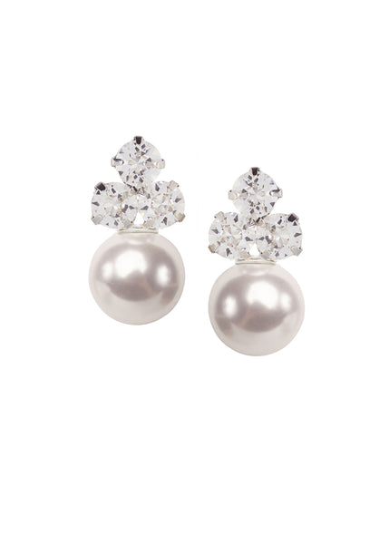 Stud earring with trio of crystals above a large pearl on white background