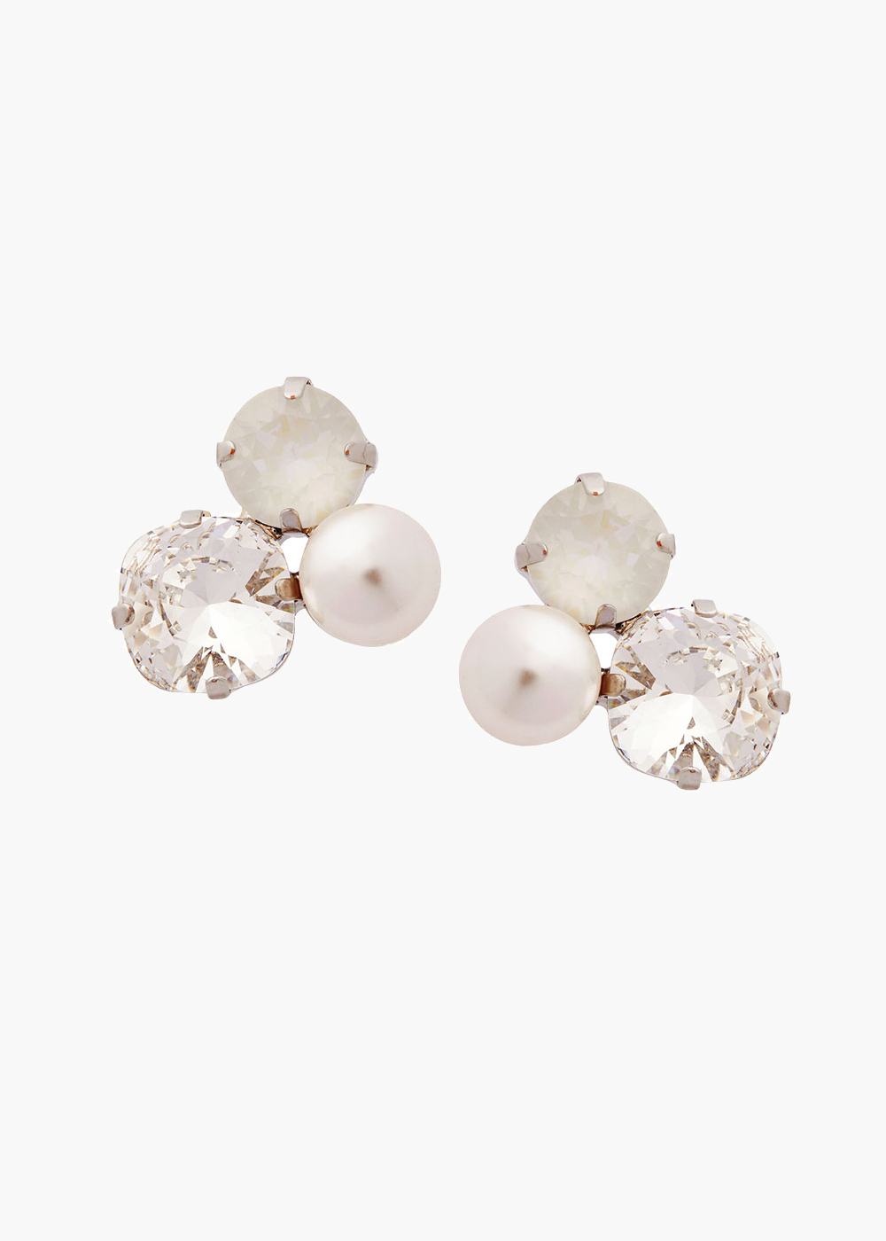 Pair of earrings with pearls and crystals on a white background