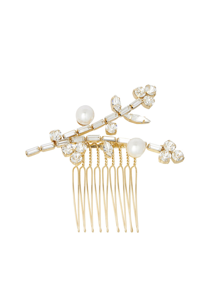Gold Swarovski crystal and pearl mini hair comb on white background 