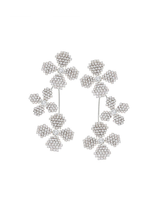 floral Swarovski crystal cascading earring in silver on white background 