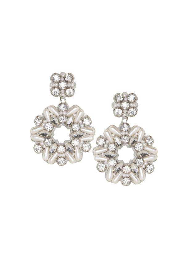 Embroidered pear and crystal shield earring on white back ground 