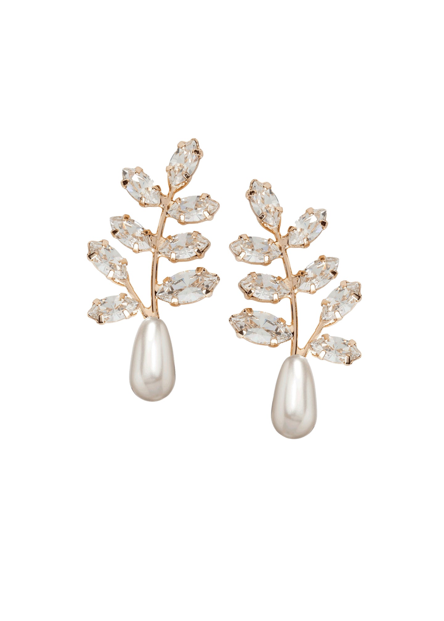 Floral Swarovski gold crystal stud earring with pearl accent on white background