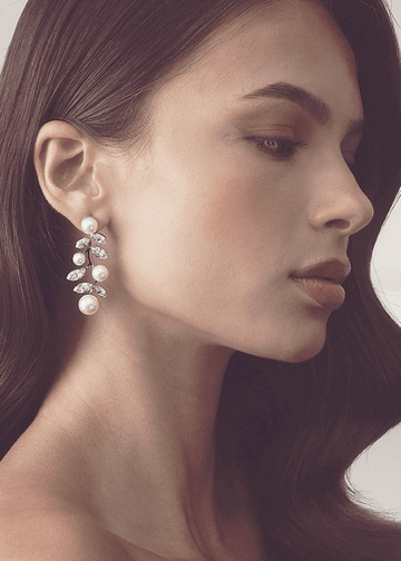 Bride wearing Silver Evie Pearl Drop - Bridal Earrings - Elizabeth Bower