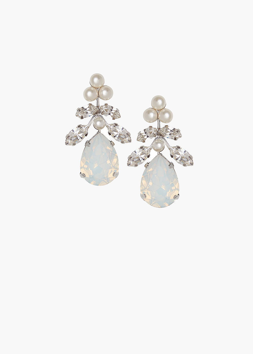 Pair of earrings with teardrop-shaped gemstones and pearl accents on a white background