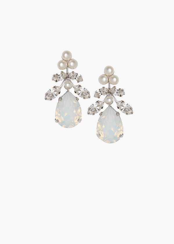 Pair of earrings with teardrop-shaped gemstones and pearl accents on a white background