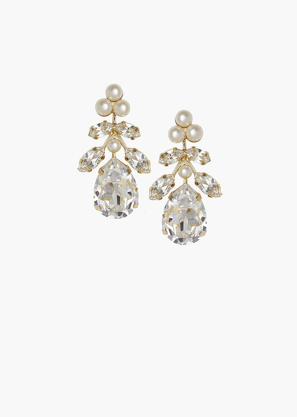Pair of gold and crystal earrings on a white background