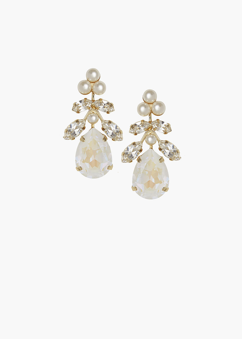 Pair of gold and pearl earrings on a white background
