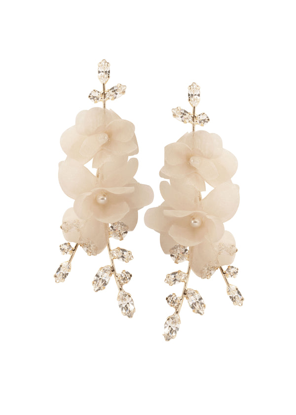Silk floral and crystal gold blush chandelier earring on white background 