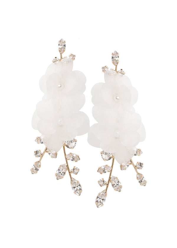 Silk floral and gold crystal chandelier earring on white background 