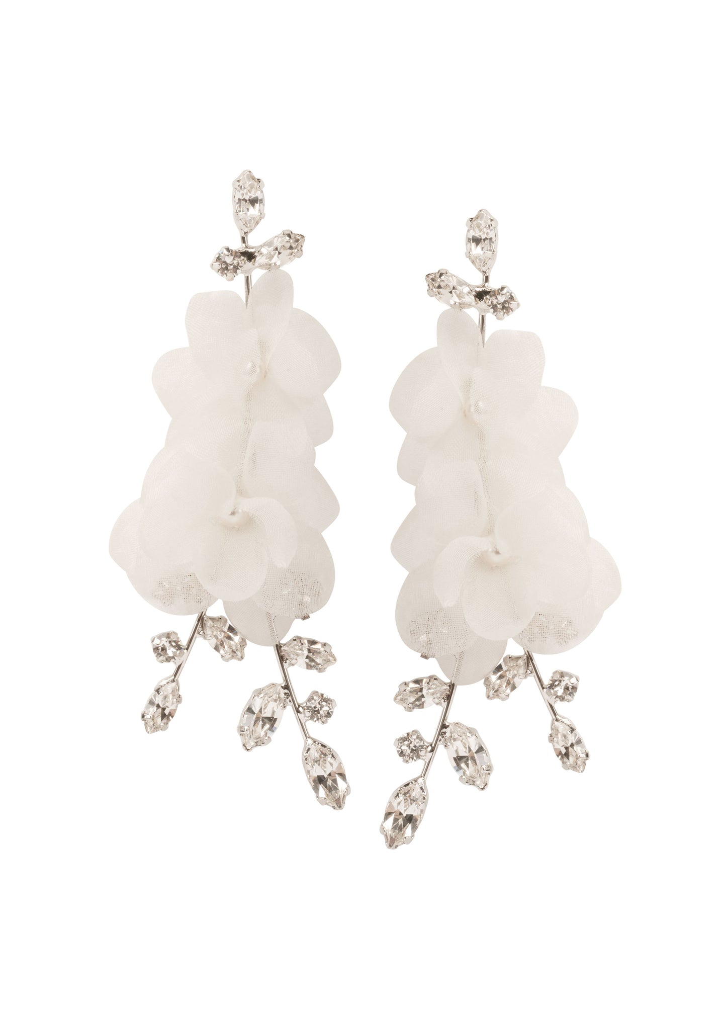 Silk floral and crystal statement chandelier earring on white background 
