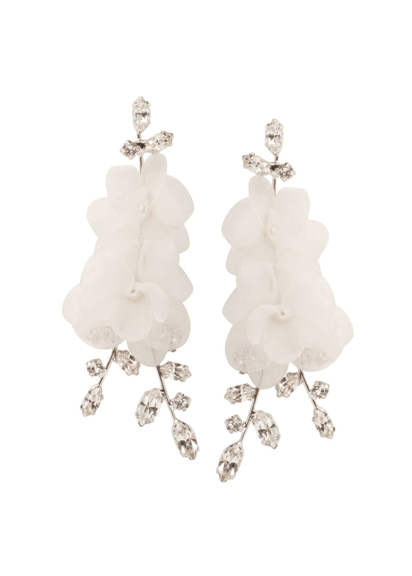Silk floral and crystal statement chandelier earring on white background 