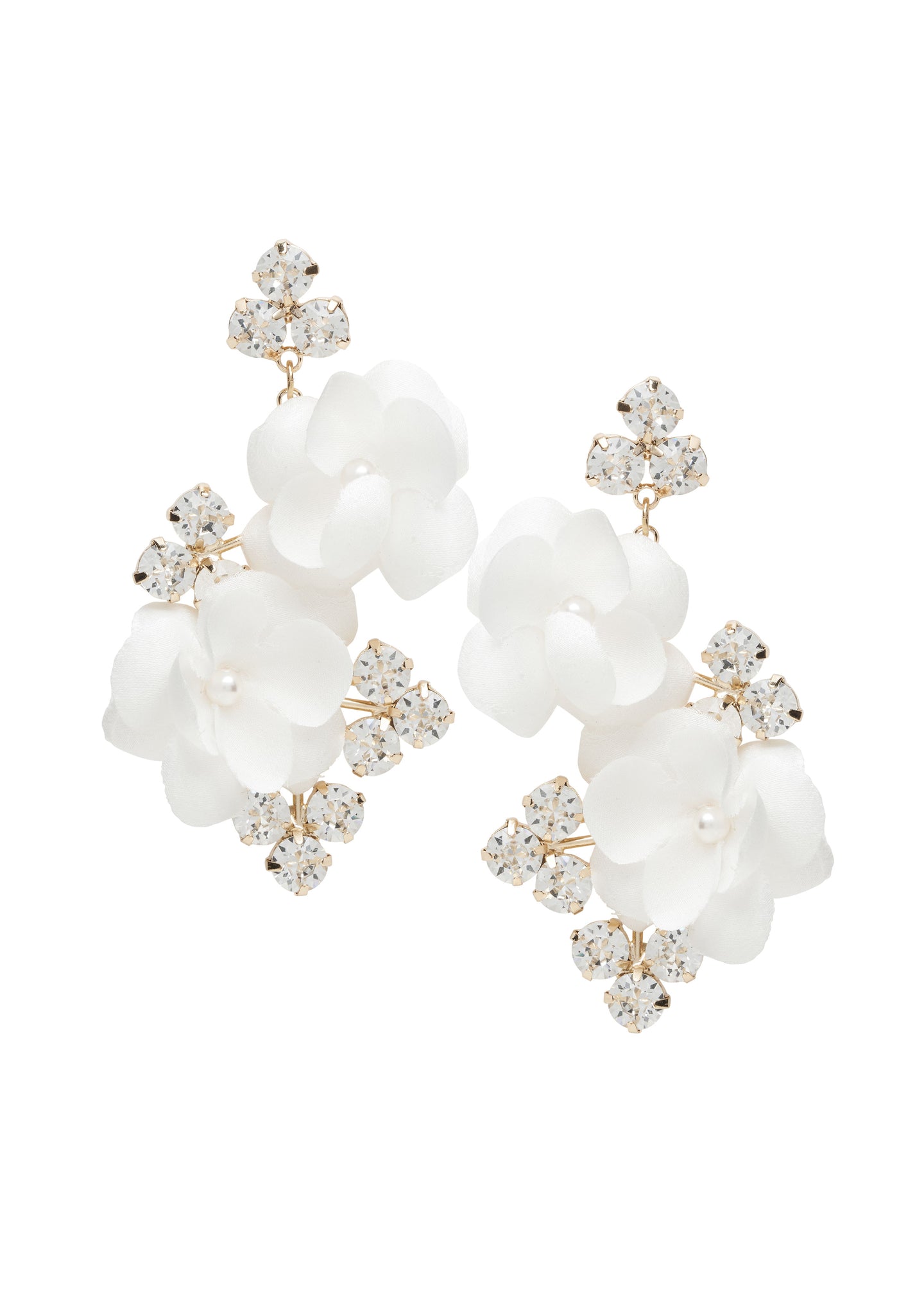 Gold Floral crystal statement earrings with silk flowers on white background 