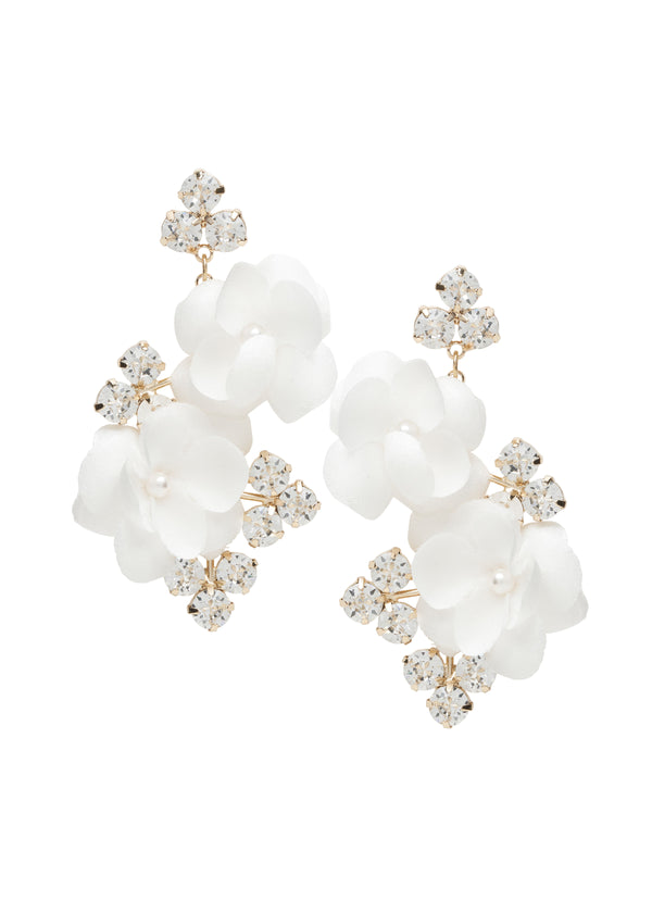 Gold Floral crystal statement earrings with silk flowers on white background 