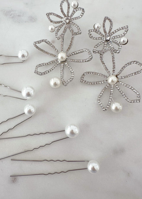 Floral Pearl Statement Set - Pavet Pearl Earrings & Bubble Hairpins Bundle - bridal Bridal Bundle - Elizabeth Bower