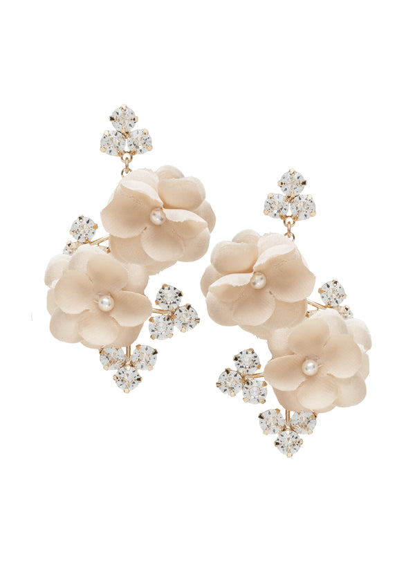 blush Floral crystal statement earrings with silk flowers on white background 