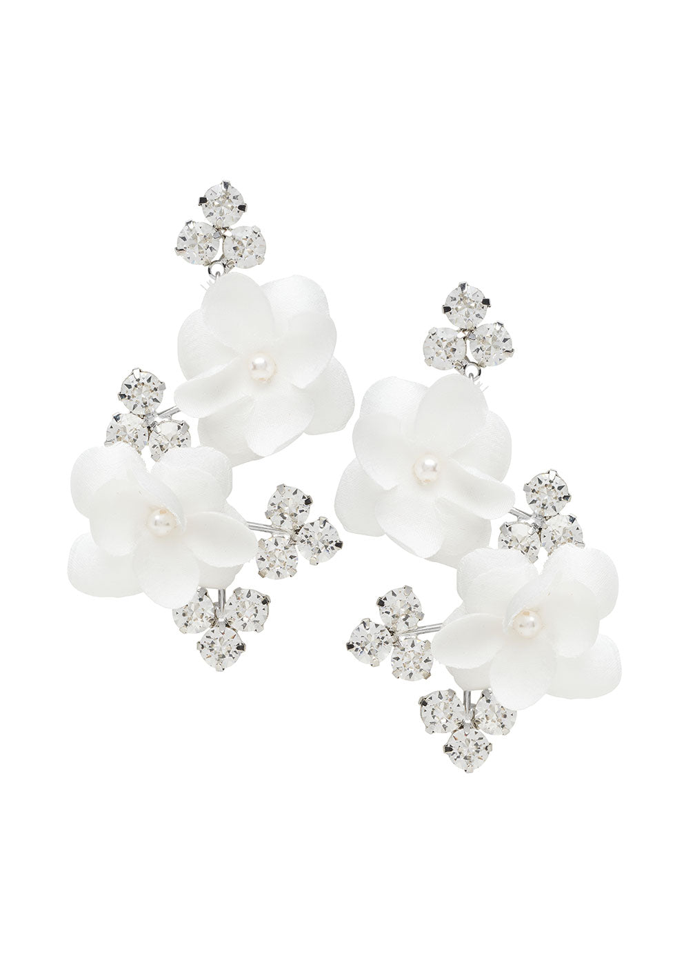 Floral crystal statment earrings with silk flowers on white background 