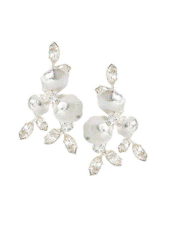 Silver floral and crystal stud bridal earring on white background 