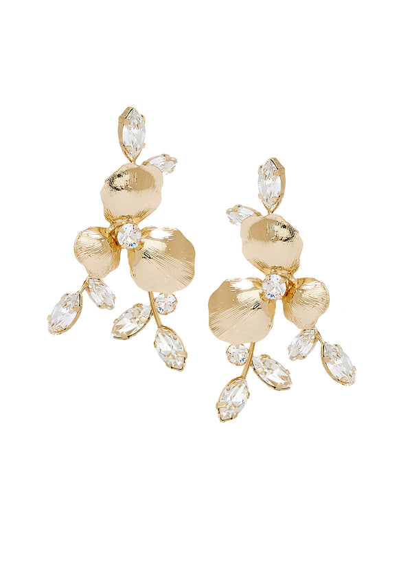 Golden floral and crystal stud bridal earring on white background 