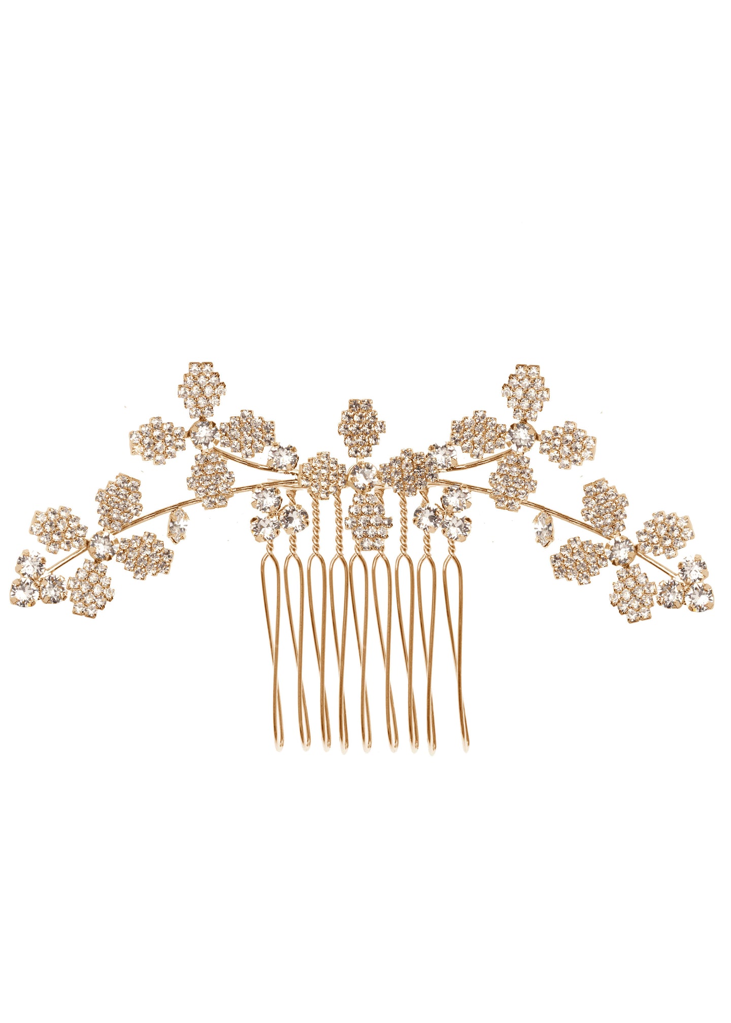 A gold floral crystal wedding hair comb on white background 