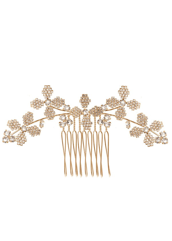 A gold floral crystal wedding hair comb on white background 
