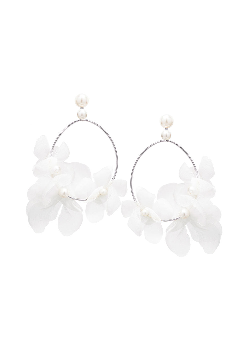 silver silk floral hoop earring with pearl accents on white back ground 