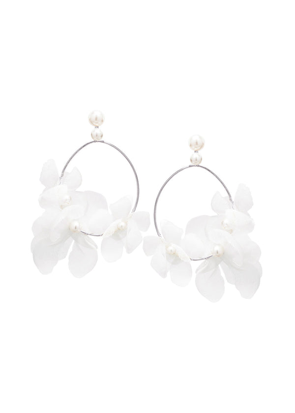 silver silk floral hoop earring with pearl accents on white back ground 