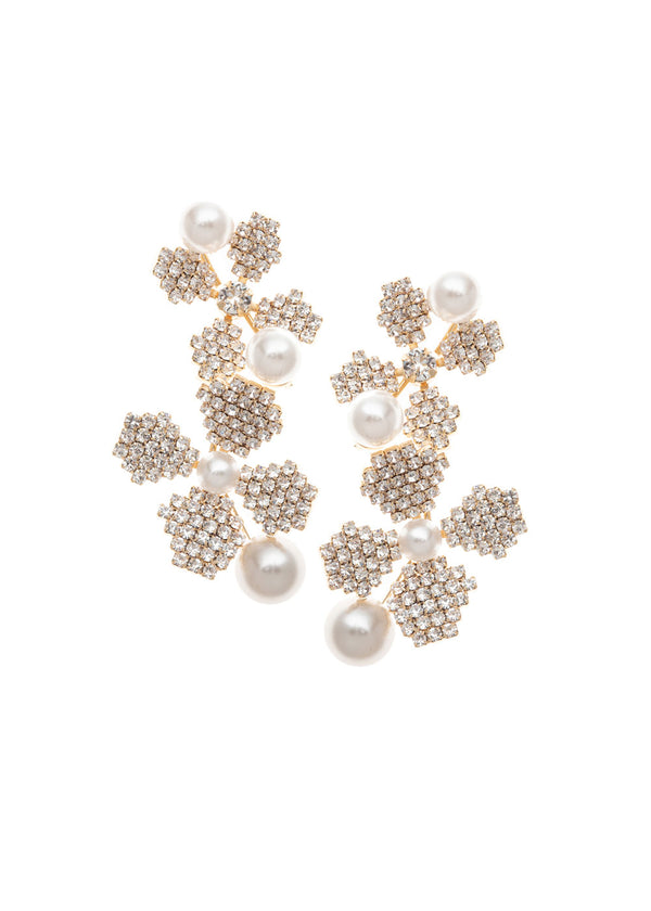 Gold crystal double floral wedding earring with pearl accents on white background 